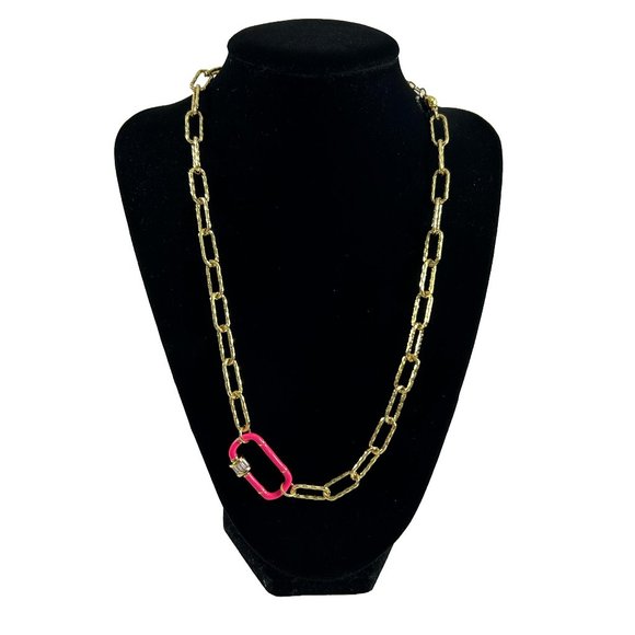 Melania Clara Gold Plated Paper Clip Chain Neon Pink Charm Magnetic Clasp - Picture 1 of 8